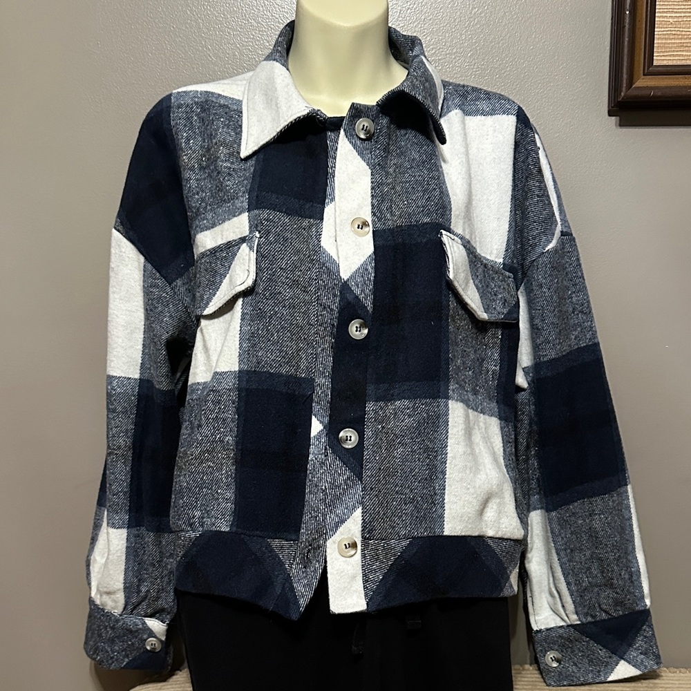 VAMTAC Lumberjack Plaid Button-Up Jacket Blue & White Flannel XL